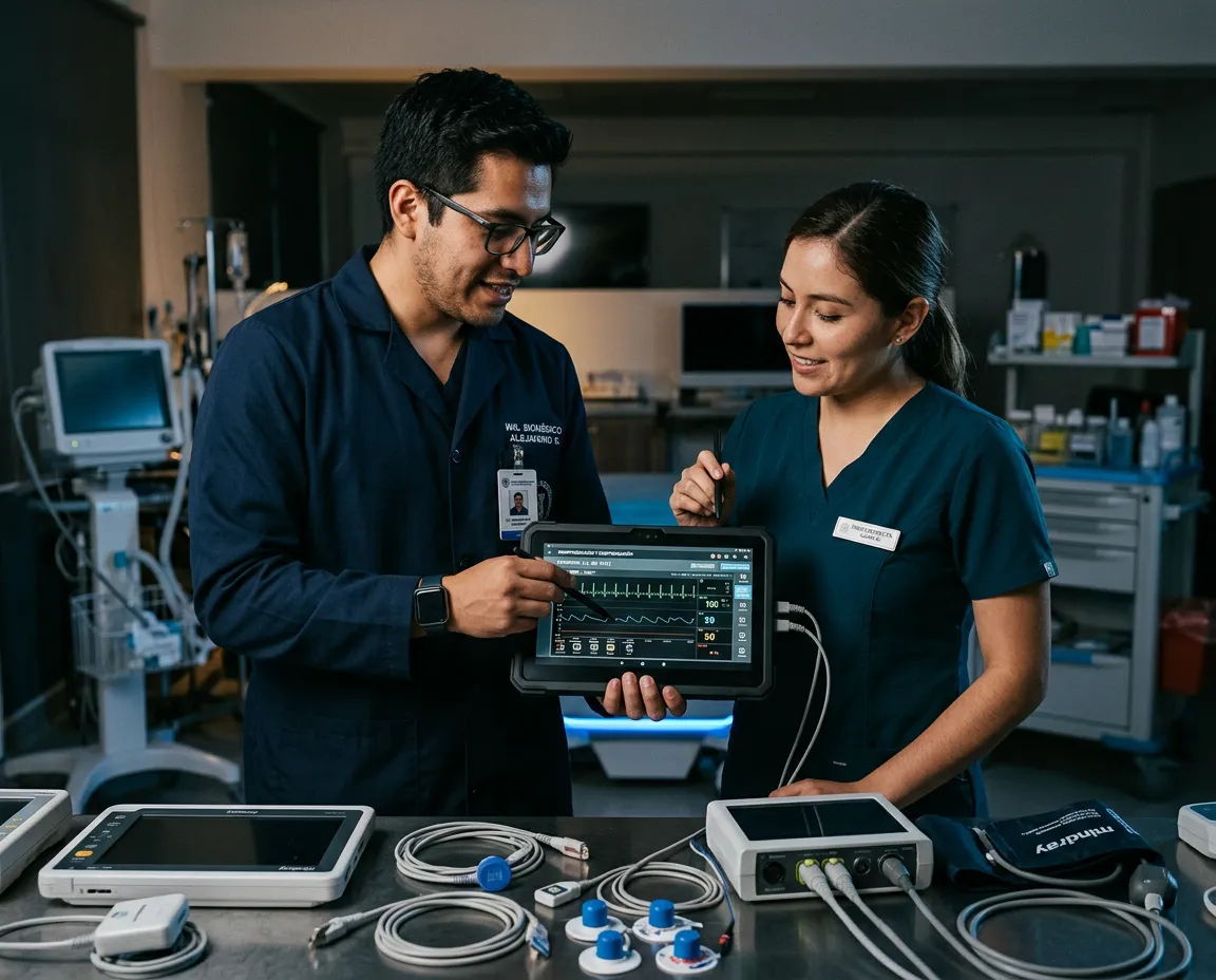 Ingeniero biomédico capacitando a terapeutas en el uso de equipos médicos avanzados