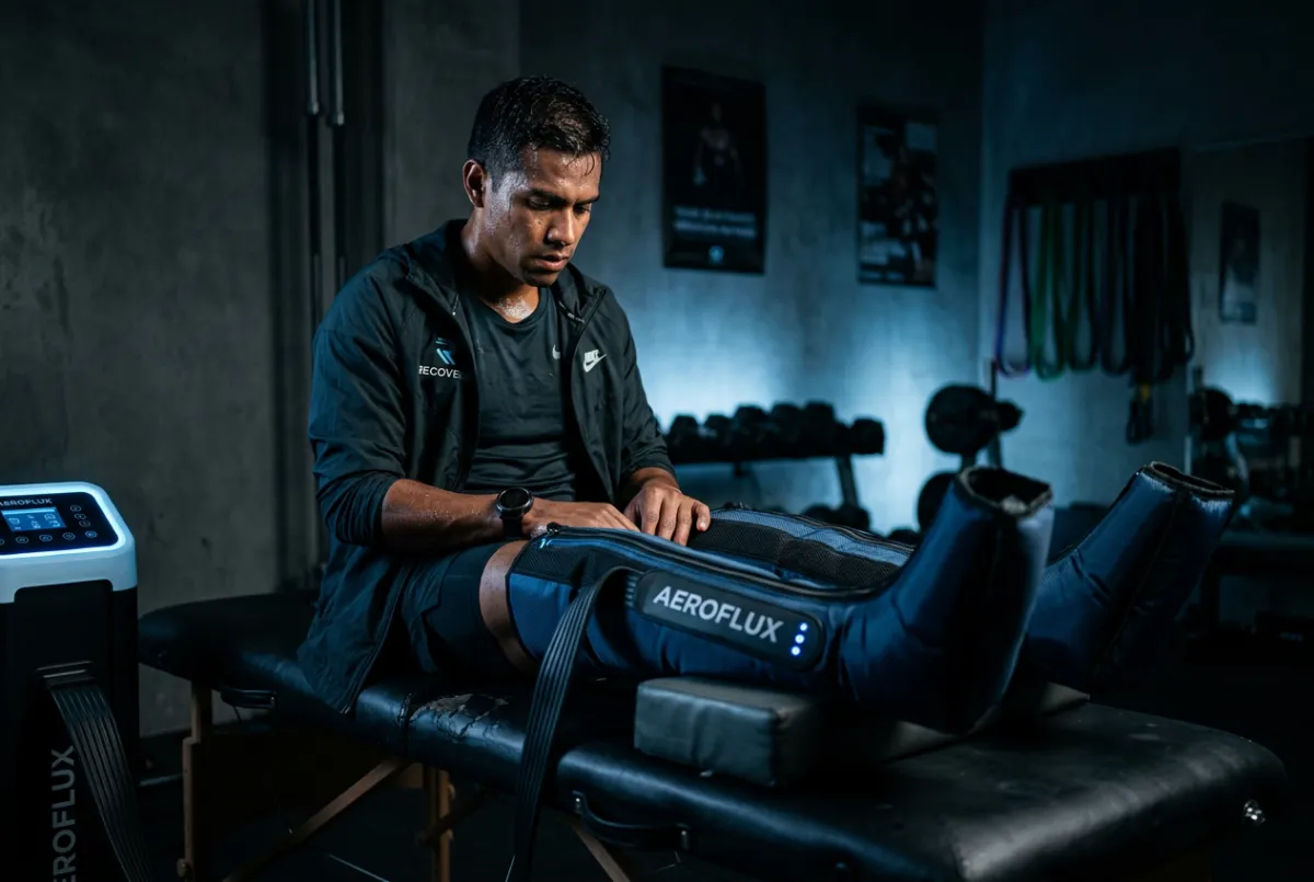 Atleta utilizando botas de presoterapia y recuperación muscular en casa