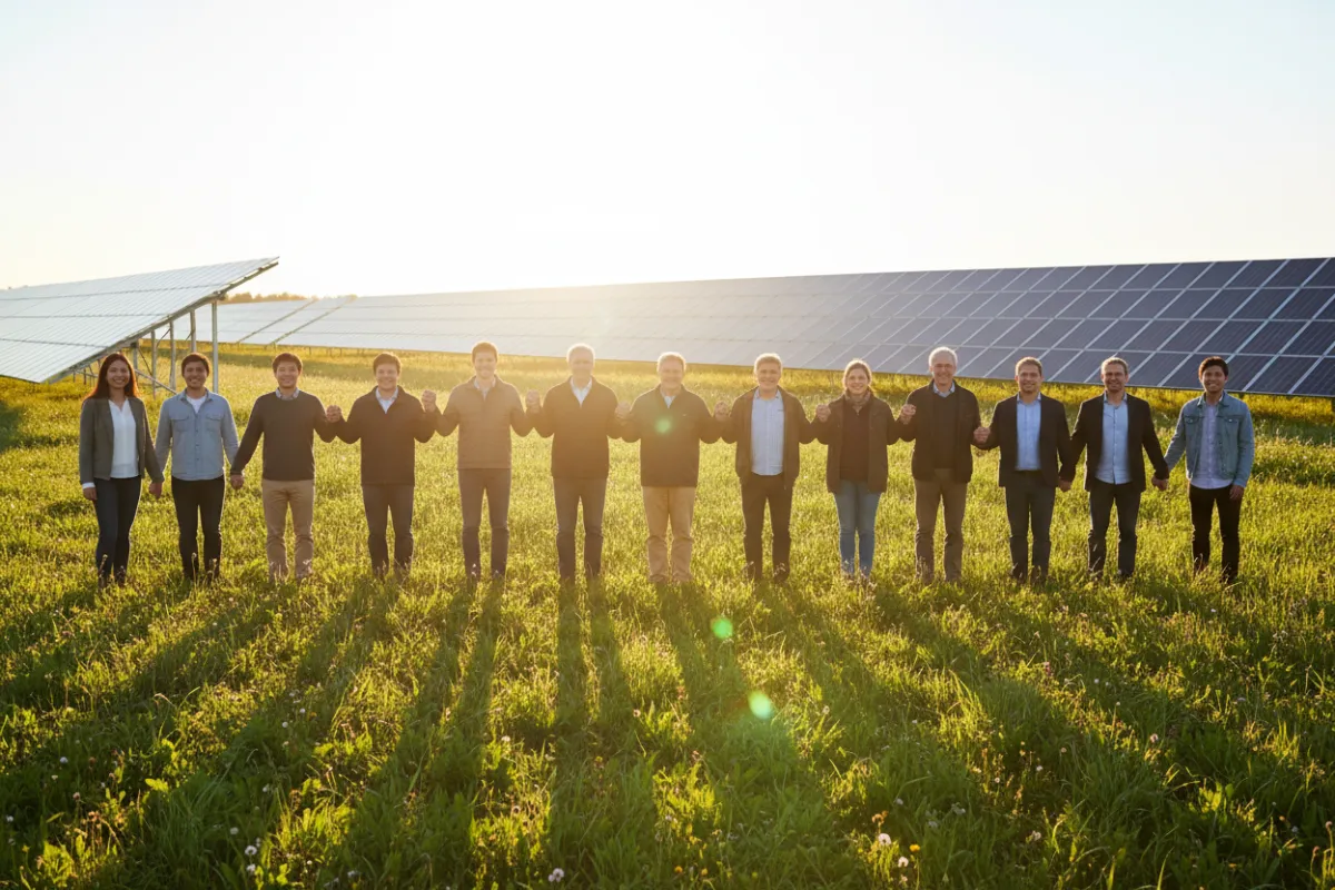A diverse group of people standing together in front of a large solar array in a green field, sunlight casting soft shadows, modern documentary style, 3:2 aspect ratio