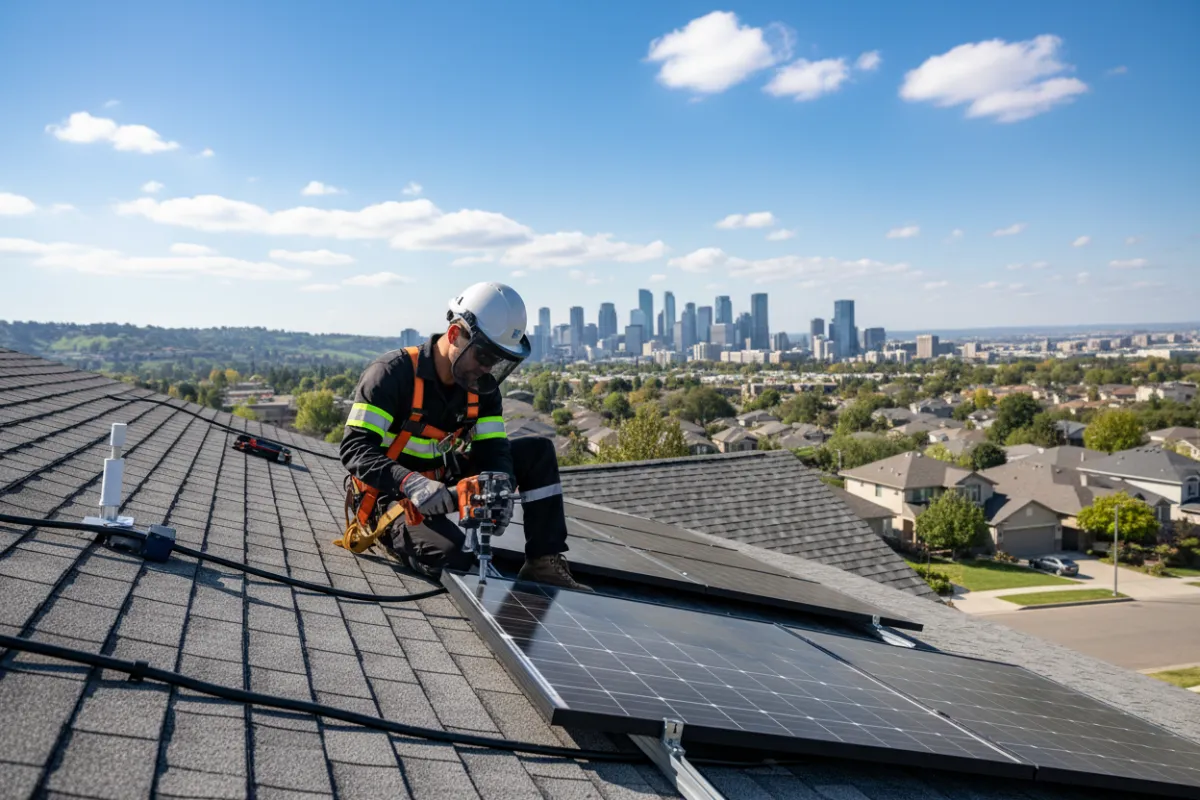 Technician in safety gear installing solar panels on a suburban rooftop, using advanced tools, with a city skyline in the background, bright daylight, and a sense of precision and expertise. 3:2 aspect ratio.