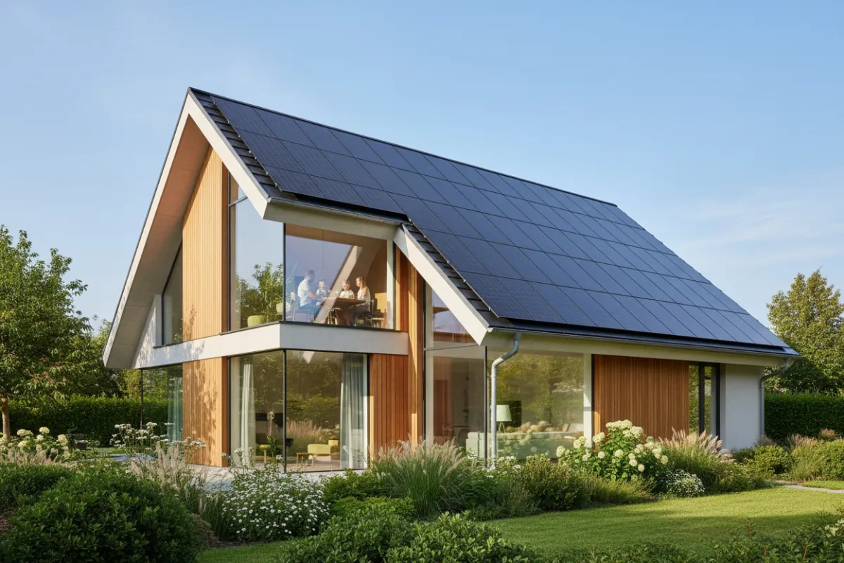 A modern home with sleek rooftop solar panels under a clear blue sky, sunlight reflecting off the panels, surrounded by green landscaping, contemporary architecture, and a family visible through a window enjoying natural light. 3:2 aspect ratio.