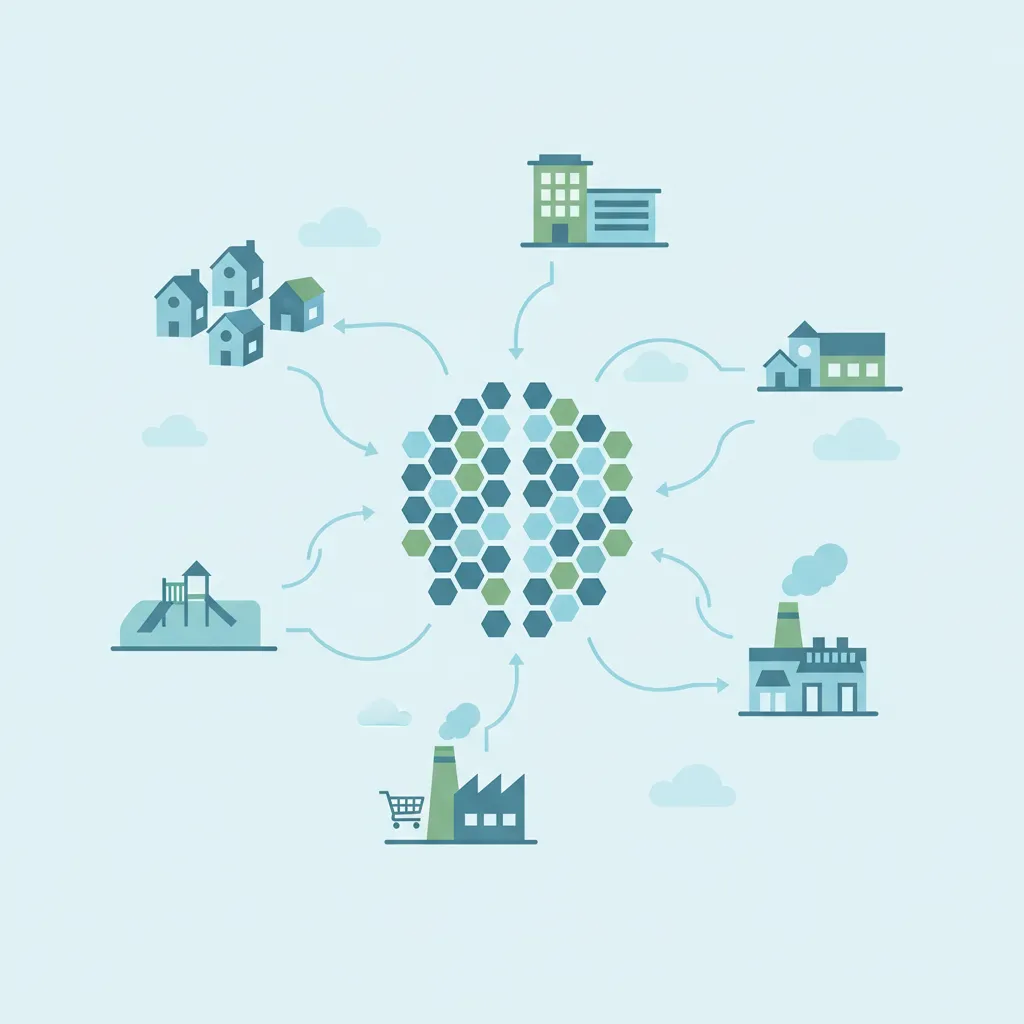 A stylized map diagram showing a solar farm connected to multiple homes and businesses, clean vector style, 1:1 aspect ratio