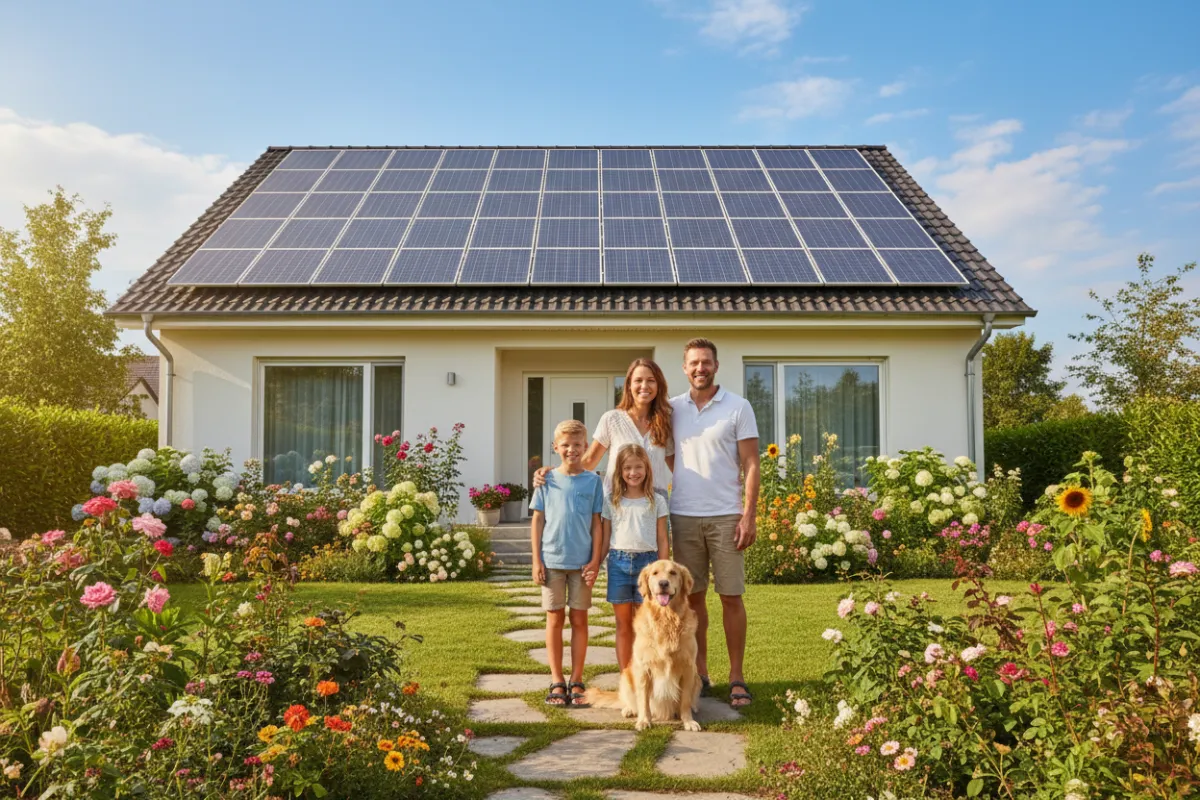 A family of four standing proudly in front of their home with new solar panels, smiling, with a dog at their feet, lush garden, and a bright afternoon sky. 3:2 aspect ratio.