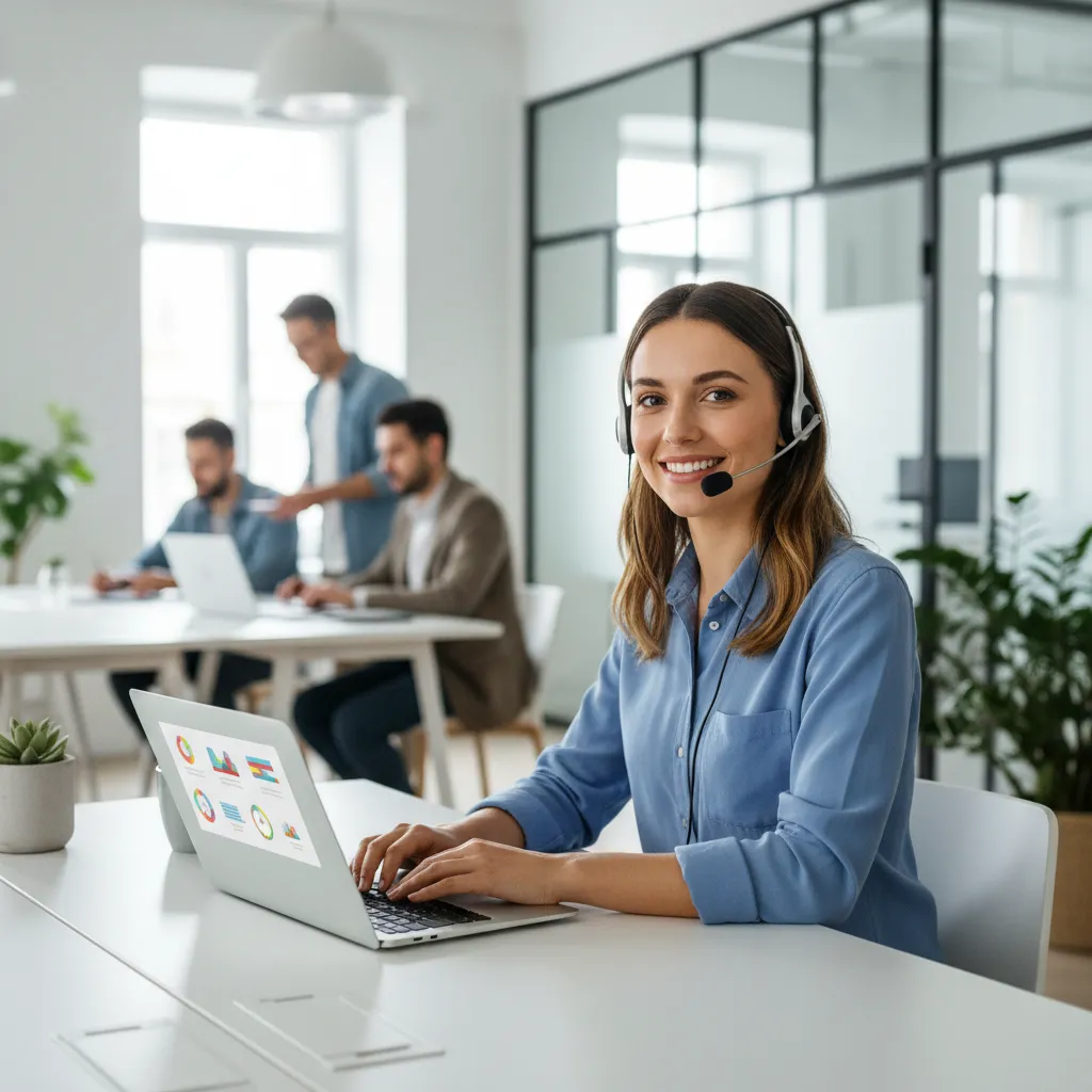 A friendly support team member, wearing a headset, smiles at a desk with a laptop in a bright, modern office. The scene is welcoming and professional, emphasizing approachability and customer service in a 1:1 aspect ratio.