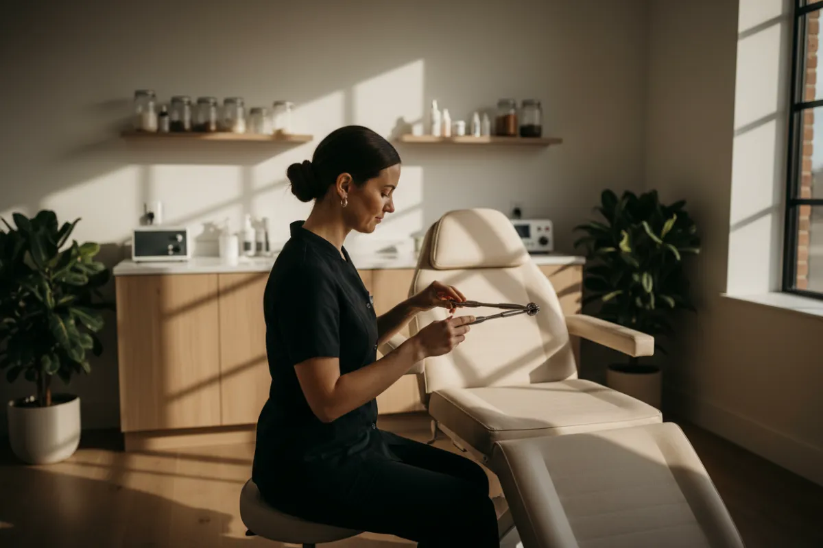 Mary in-studio working at a clean treatment chair, mid-action adjusting tools, warm directional lighting, calm neutral studio with plants and light wood surfaces, photorealistic and editorial style.