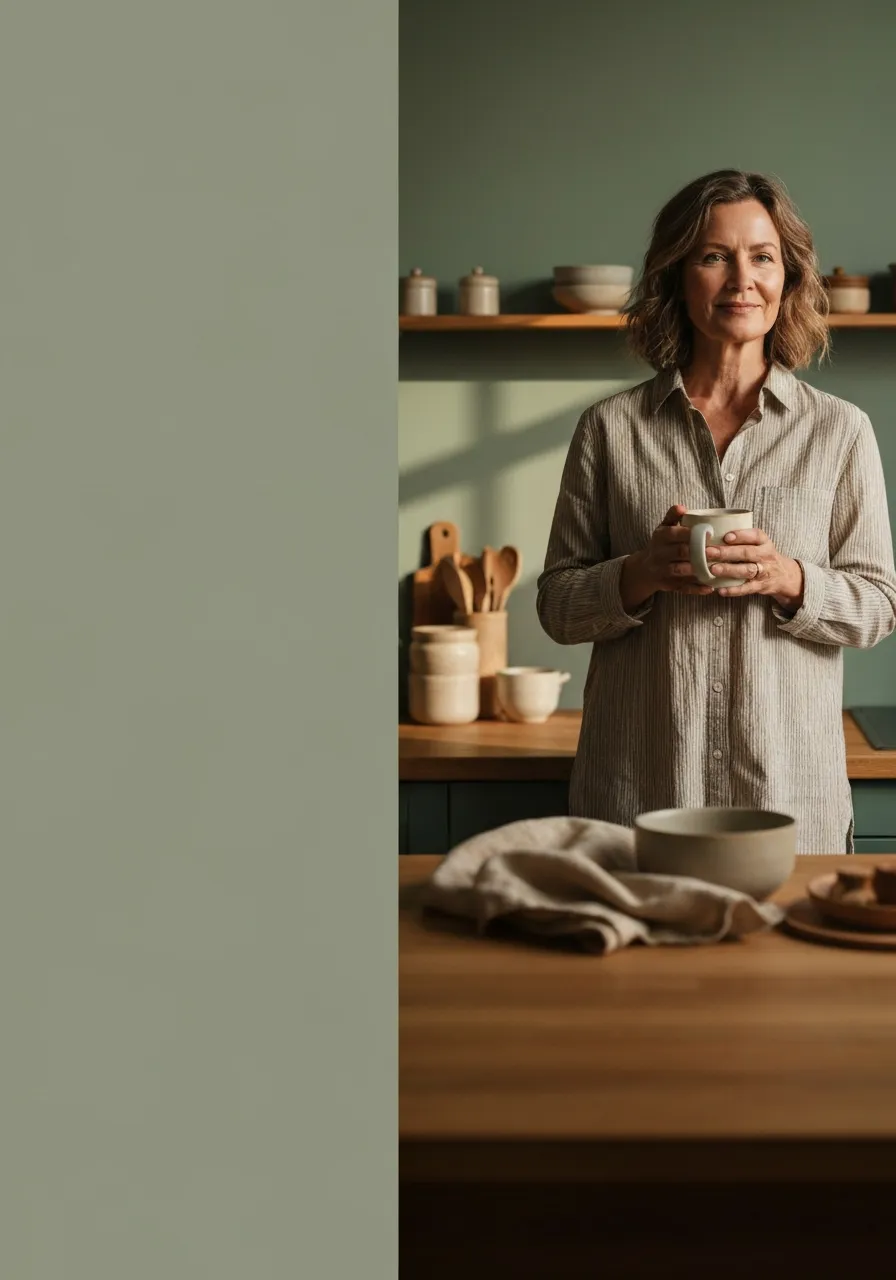 Woman in her 50s in a kitchen setting, grounded and relatable