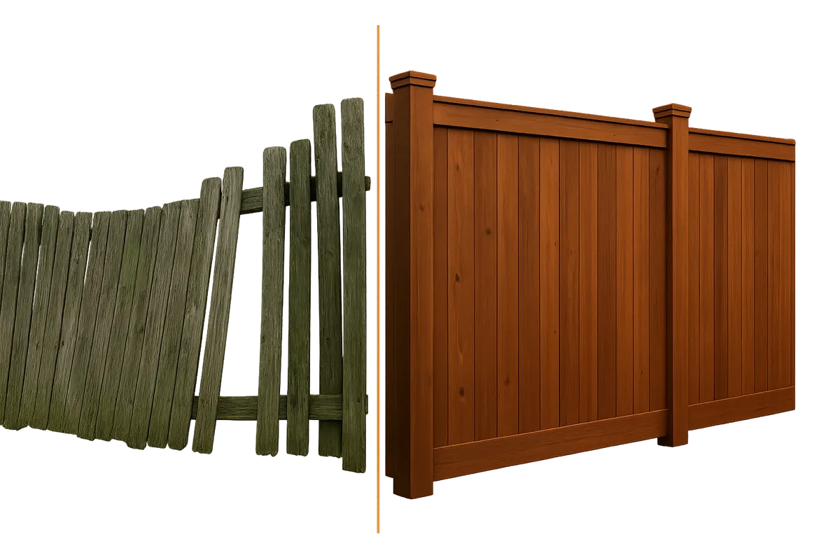 Before and after curb appeal transformation displaying newly installed architectural horizontal wood privacy fence alongside an older sagging wire fence