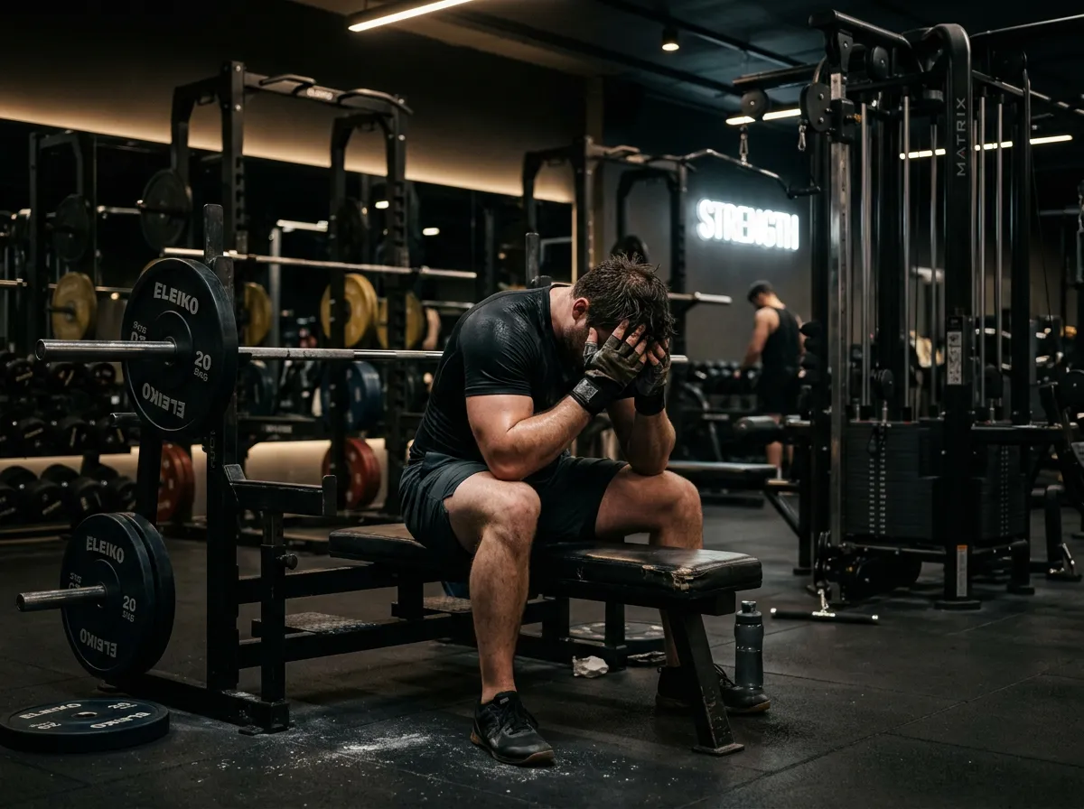 Man sitting on a bench with head in hands, post-crash in a dimly lit gym