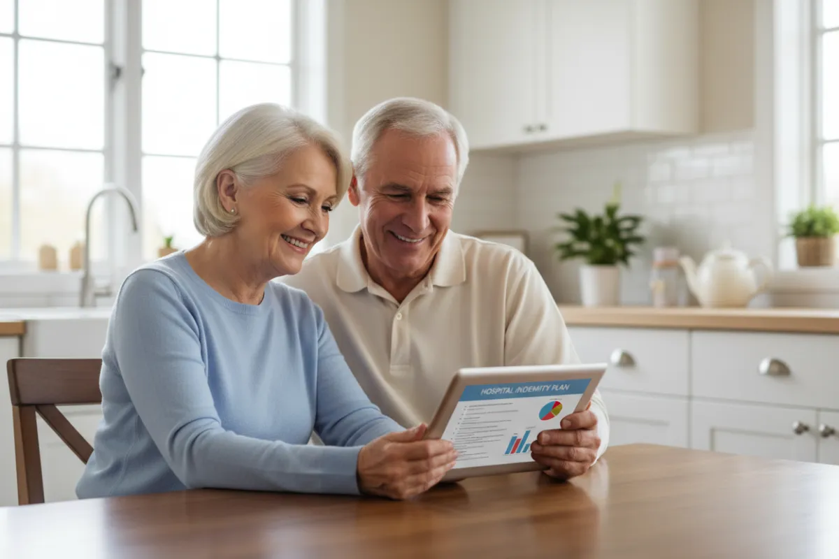 A smiling senior couple sitting together at a kitchen table, reviewing hospital indemnity insurance information on a tablet, with soft morning light and a calm, reassuring atmosphere.