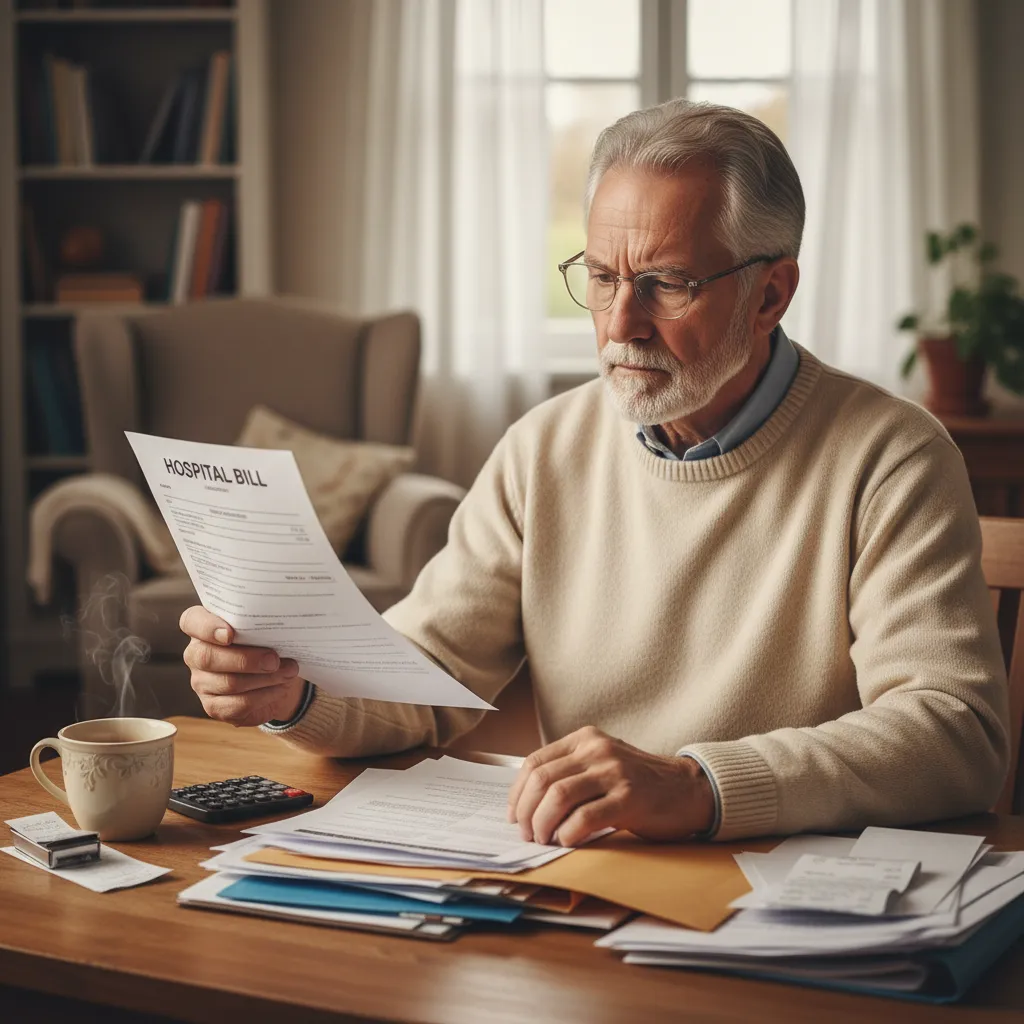 A senior man in his early 70s, wearing glasses and a light sweater, sits at a living room desk reviewing a hospital bill. He is surrounded by paperwork and a cup of tea, with a thoughtful expression. The scene is cozy and relatable, highlighting the reality of managing medical expenses.