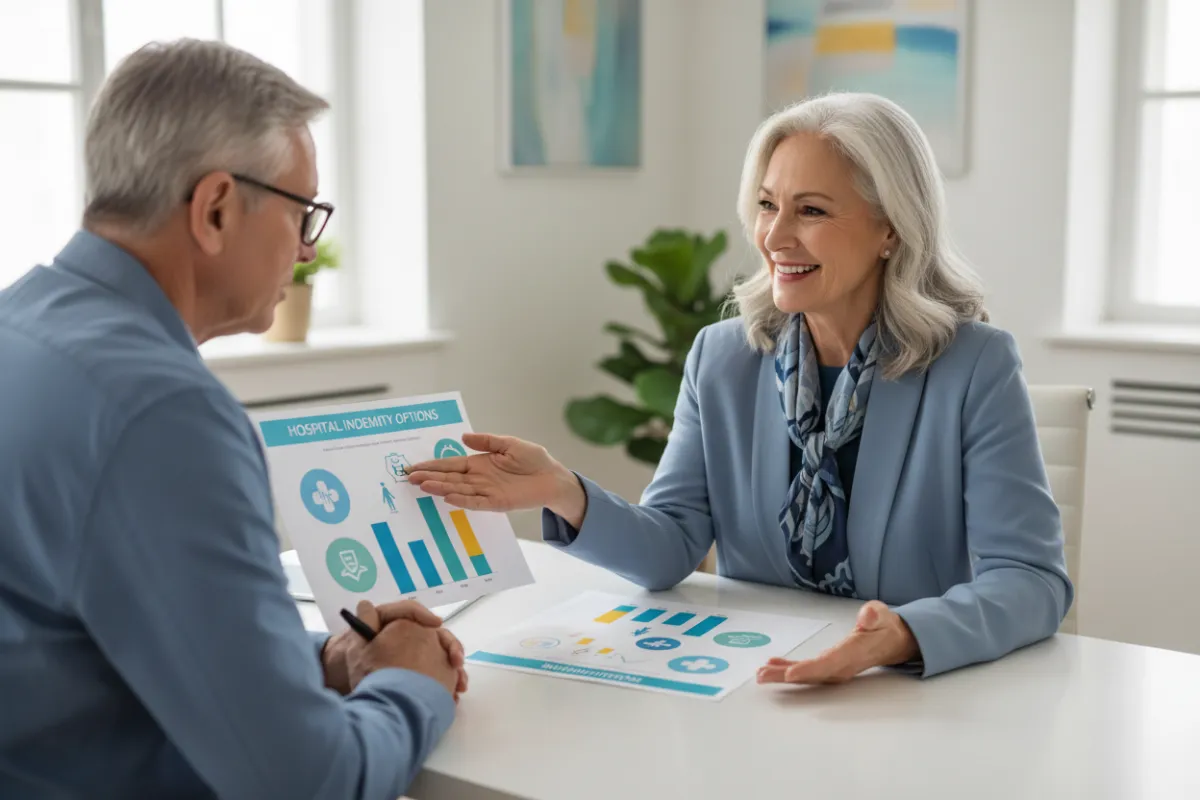 A cheerful female insurance advisor in her 60s, sitting at a modern office desk, explains hospital indemnity options to a senior client, using clear charts and a friendly smile.