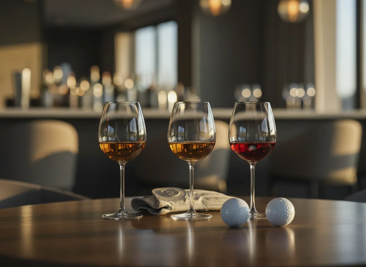 Verres et balles de golf posés sur une table lors d'un apéro business au club-house
