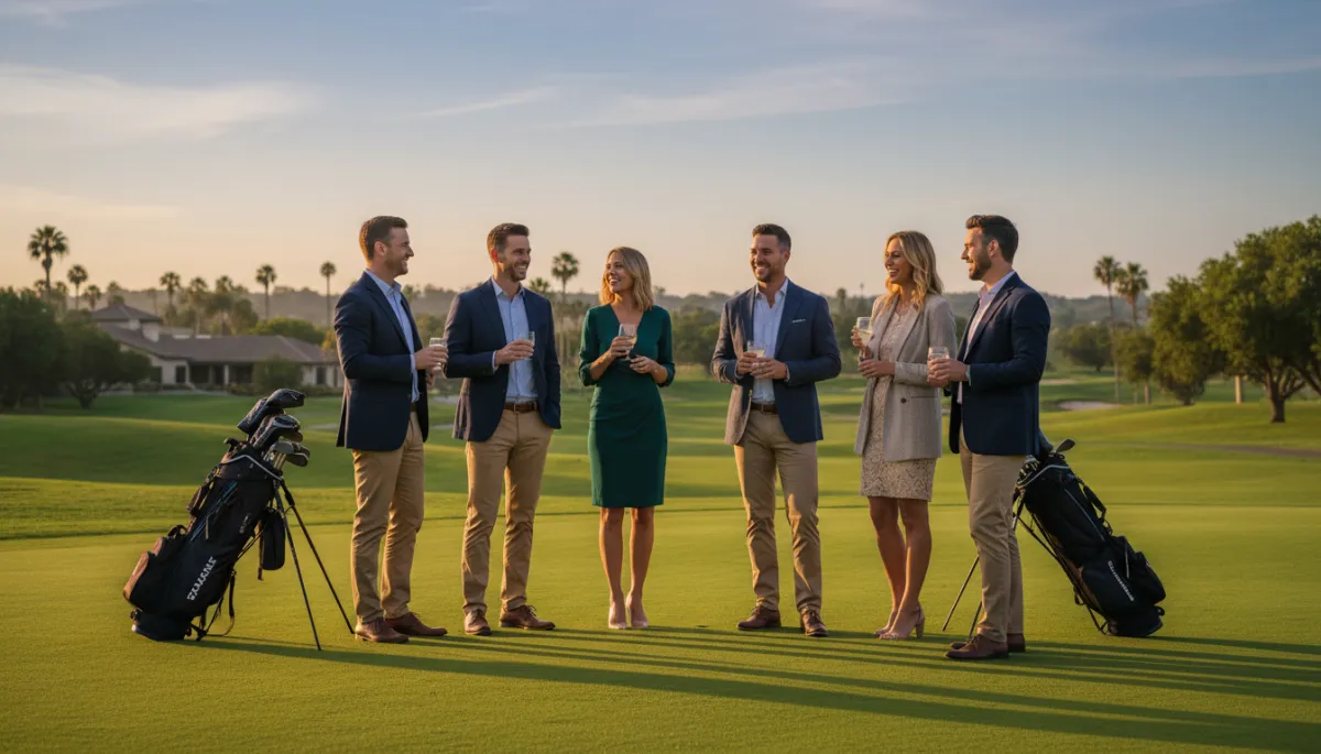 Entrepreneurs partageant un apéro business au bord d'un green de golf au coucher du soleil