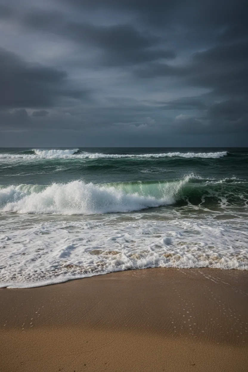 Portrait-oriented animated cinemagraph of angry waves crashing on a sandy beach, looping smoothly and web-optimized; colors coordinated with luxury coastal palette (deep teal/green, sandy neutrals, warm gold highlights).