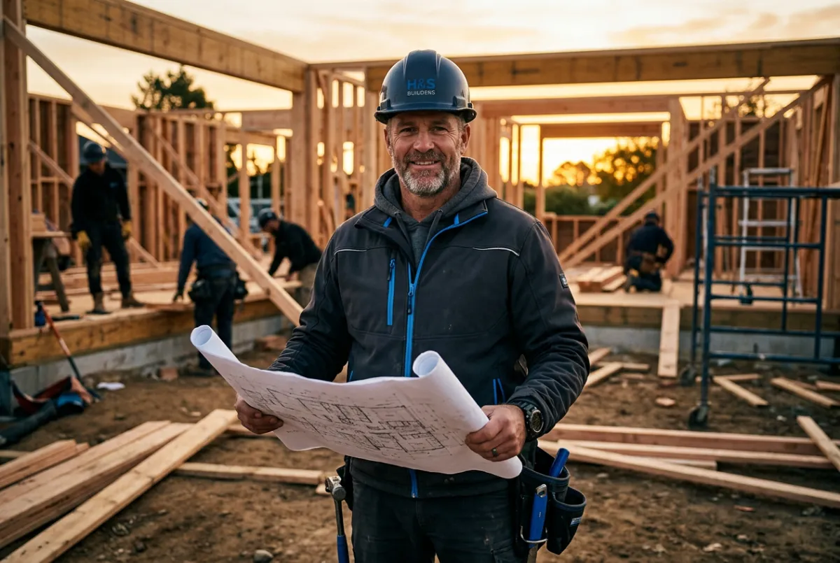 Building contractor managing modern home extension and renovation framework