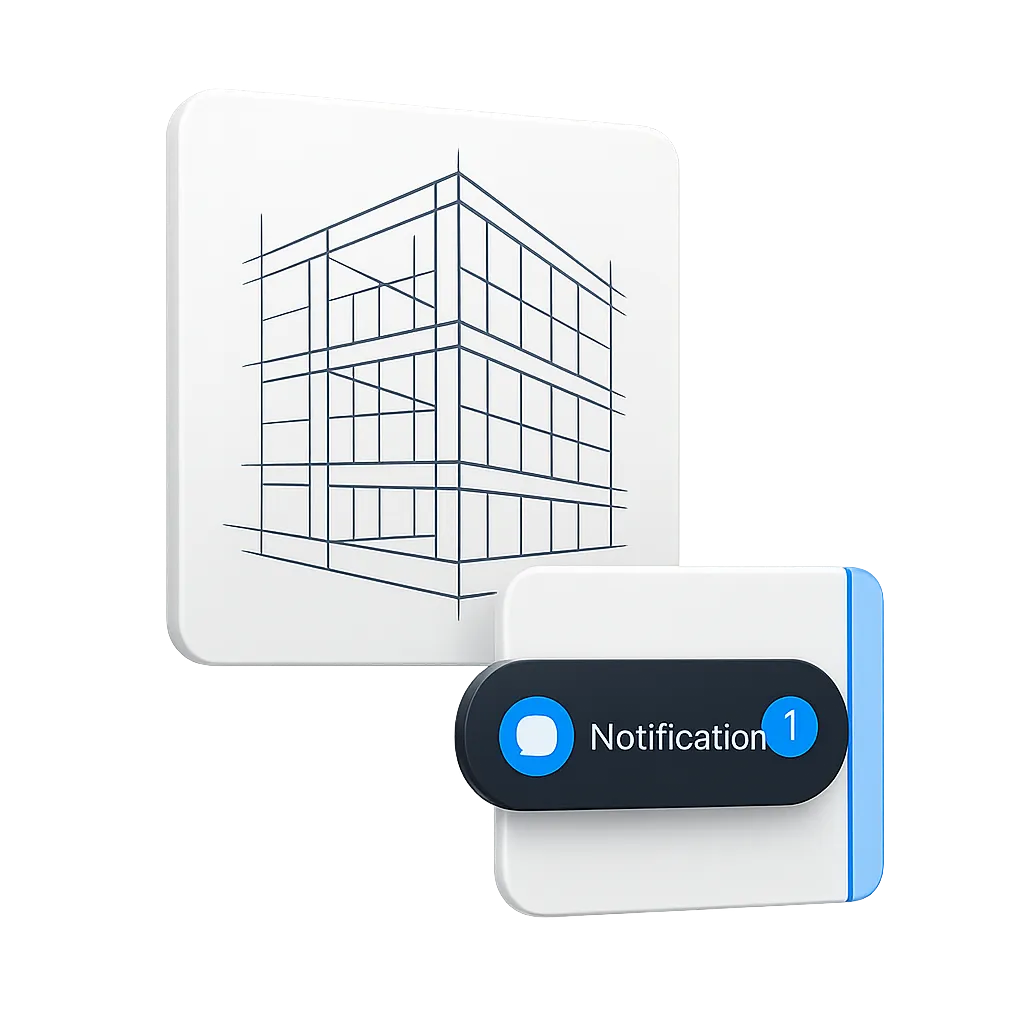 Technical composite showing mobile-responsive wireframe overlapping incoming trade lead notification card