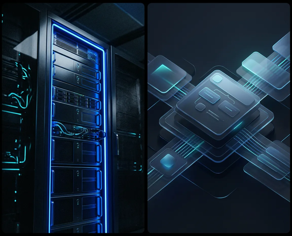 Abstract multi-panel digital system architecture and workflow analytics interface