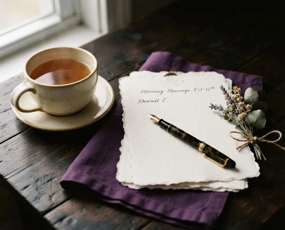 Warm tea cup resting beside deckled stationery, fountain pen, and dried botanicals