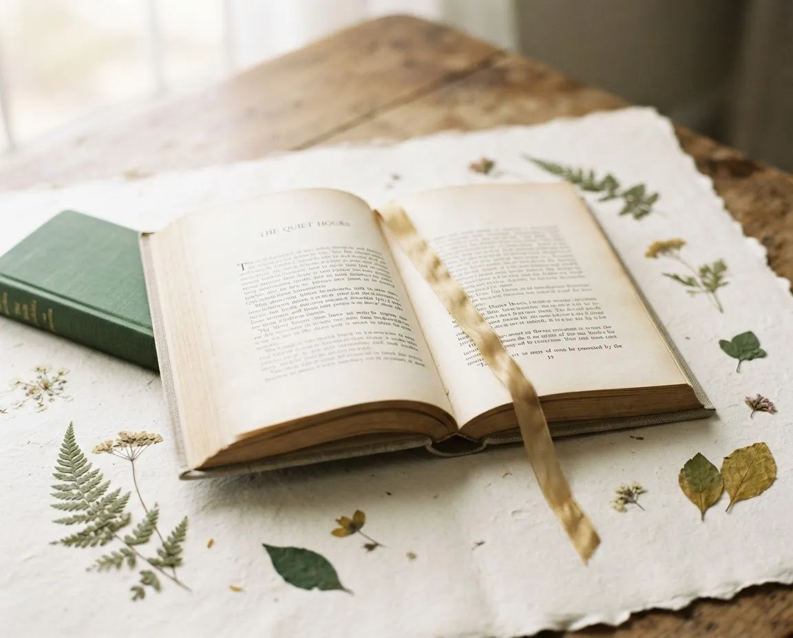 Soft natural light over handcrafted literary publications and open linen journals