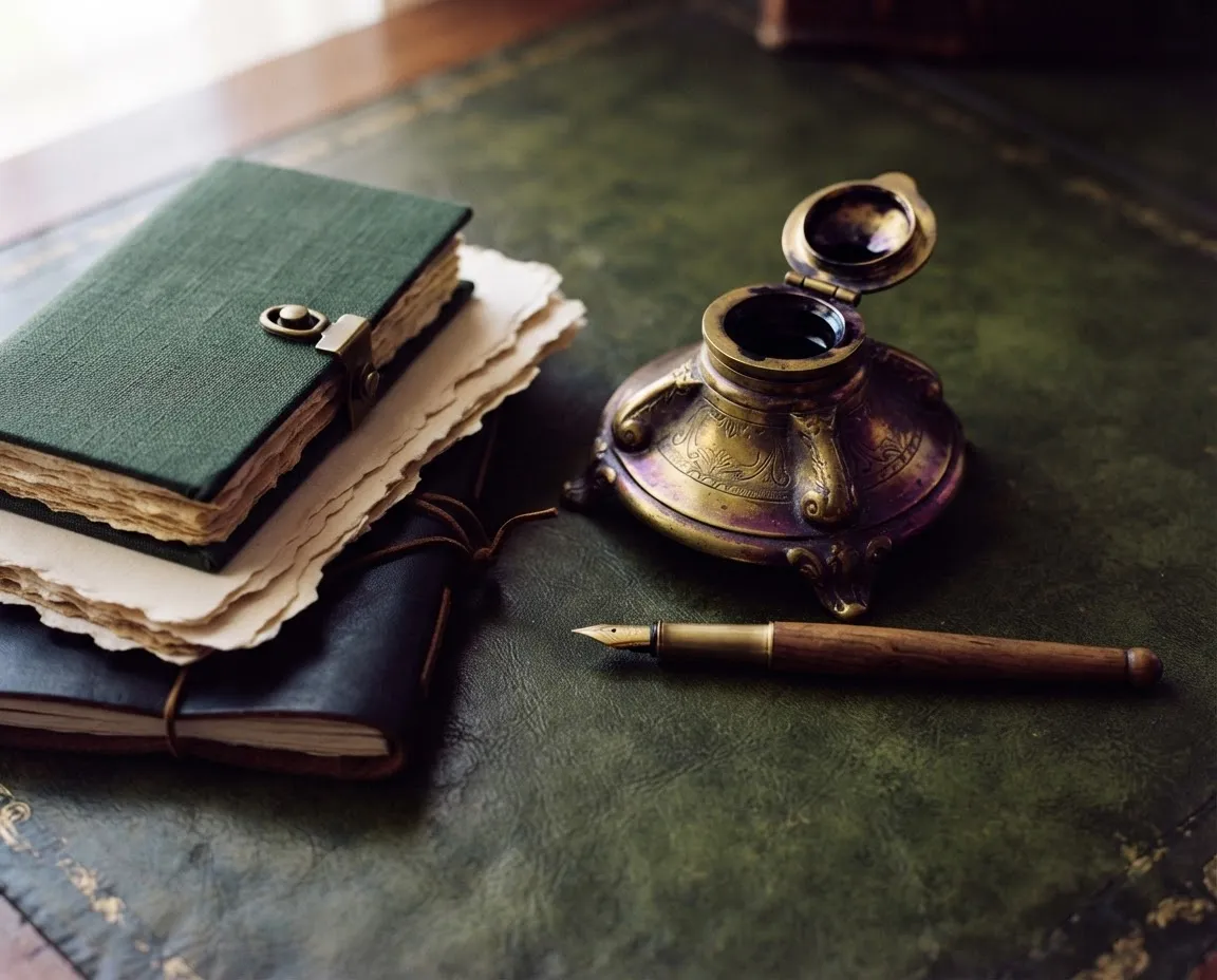 Fine art still life of an antique brass inkwell, fountain pen, and handmade cotton deckle-edge paper