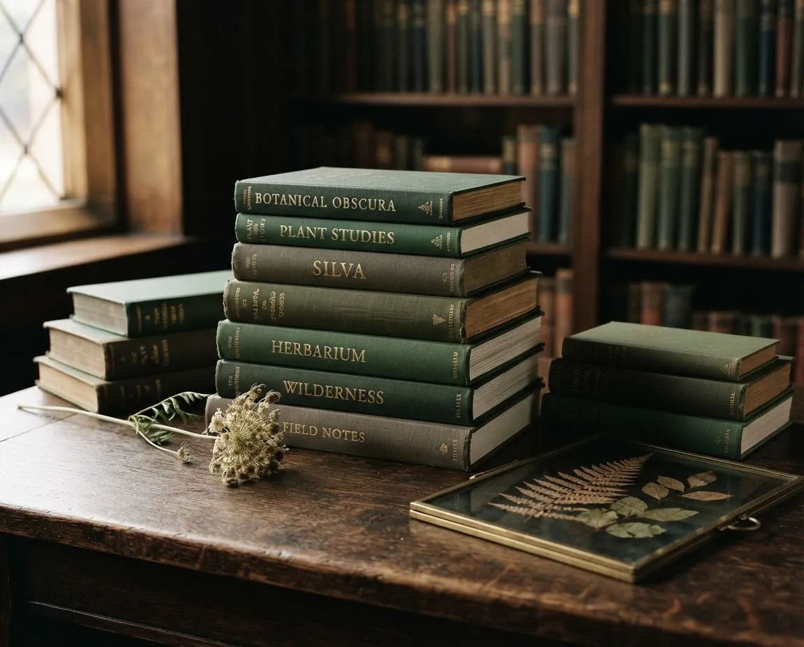 Antique library table with stacked clothbound volumes and botanical press plates