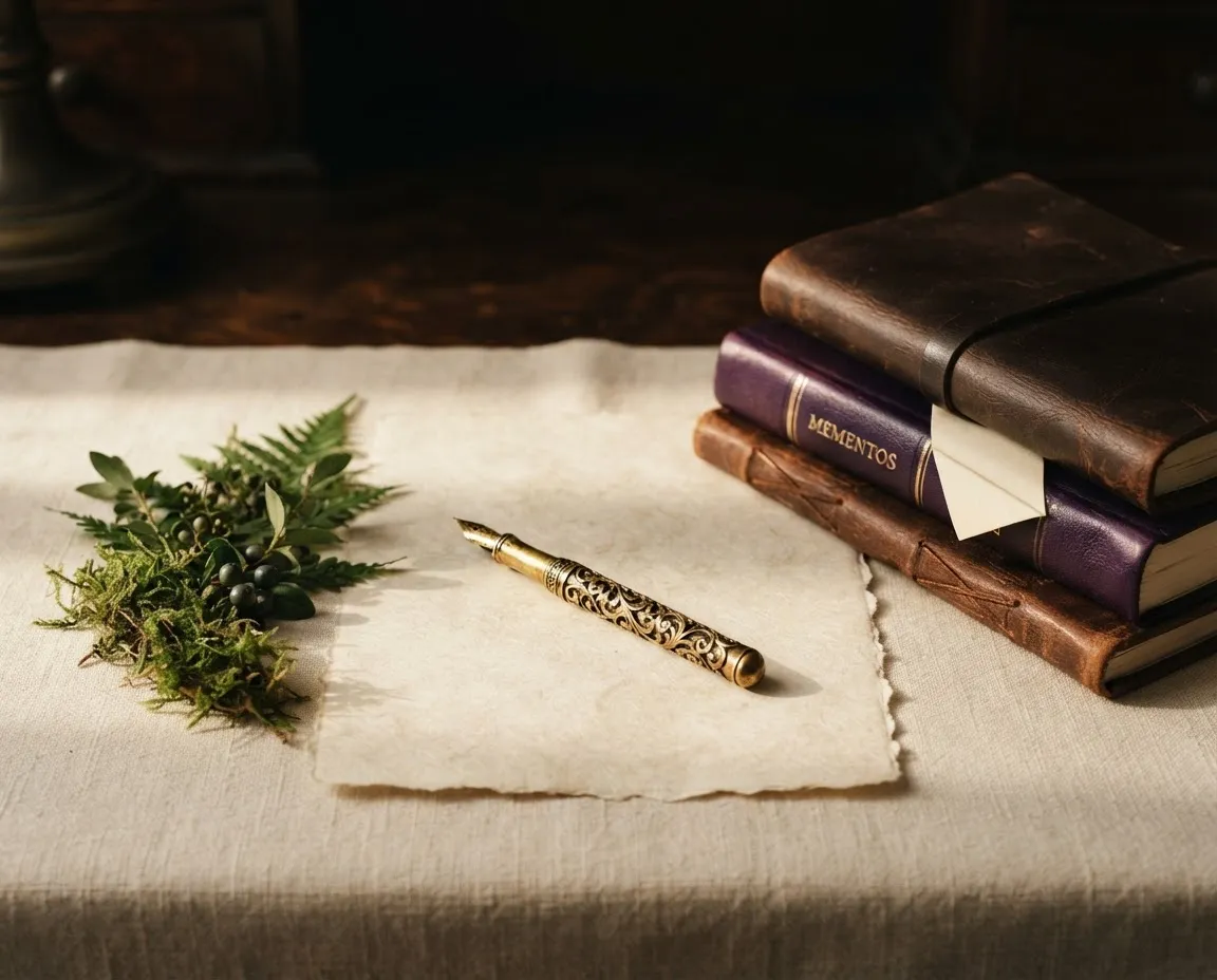 Editorial still life of writing materials, vintage fountain pen, linen paper, and leather-bound journals in soft natural morning light