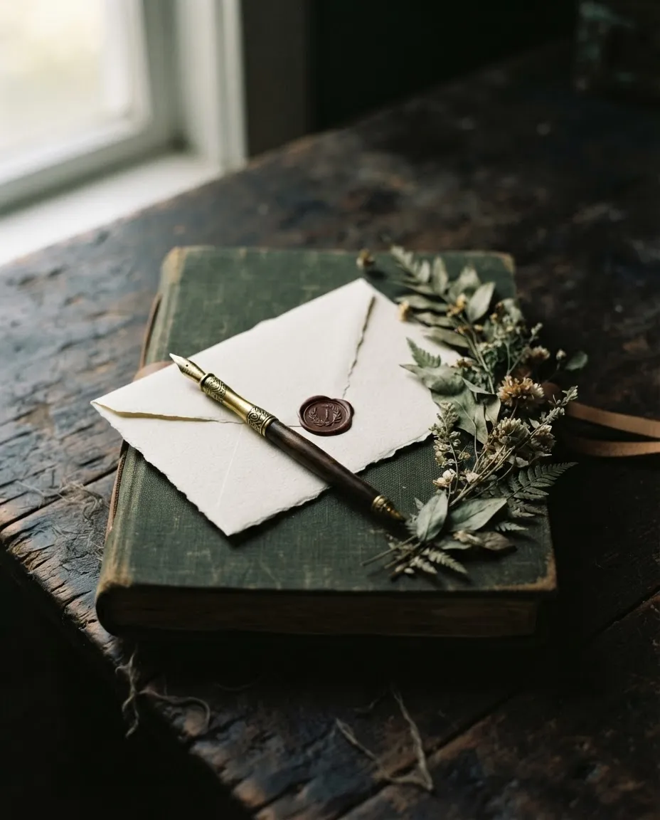 Editorial still life of an antique pen resting beside a cream-colored envelope in soft morning window light