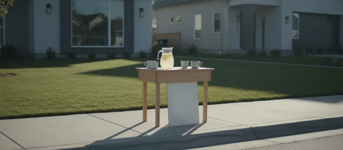 A single lemonade stand on a quiet sidewalk.
