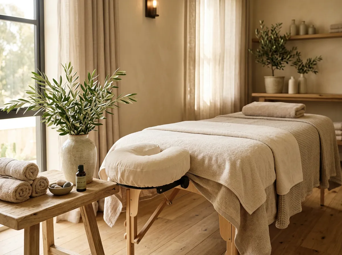 Luxury spa treatment room in beige and natural tones with serene lighting and holistic aesthetics
