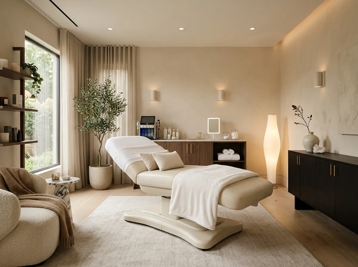 Luxury med spa treatment room with modern aesthetic equipment and serene ambient lighting