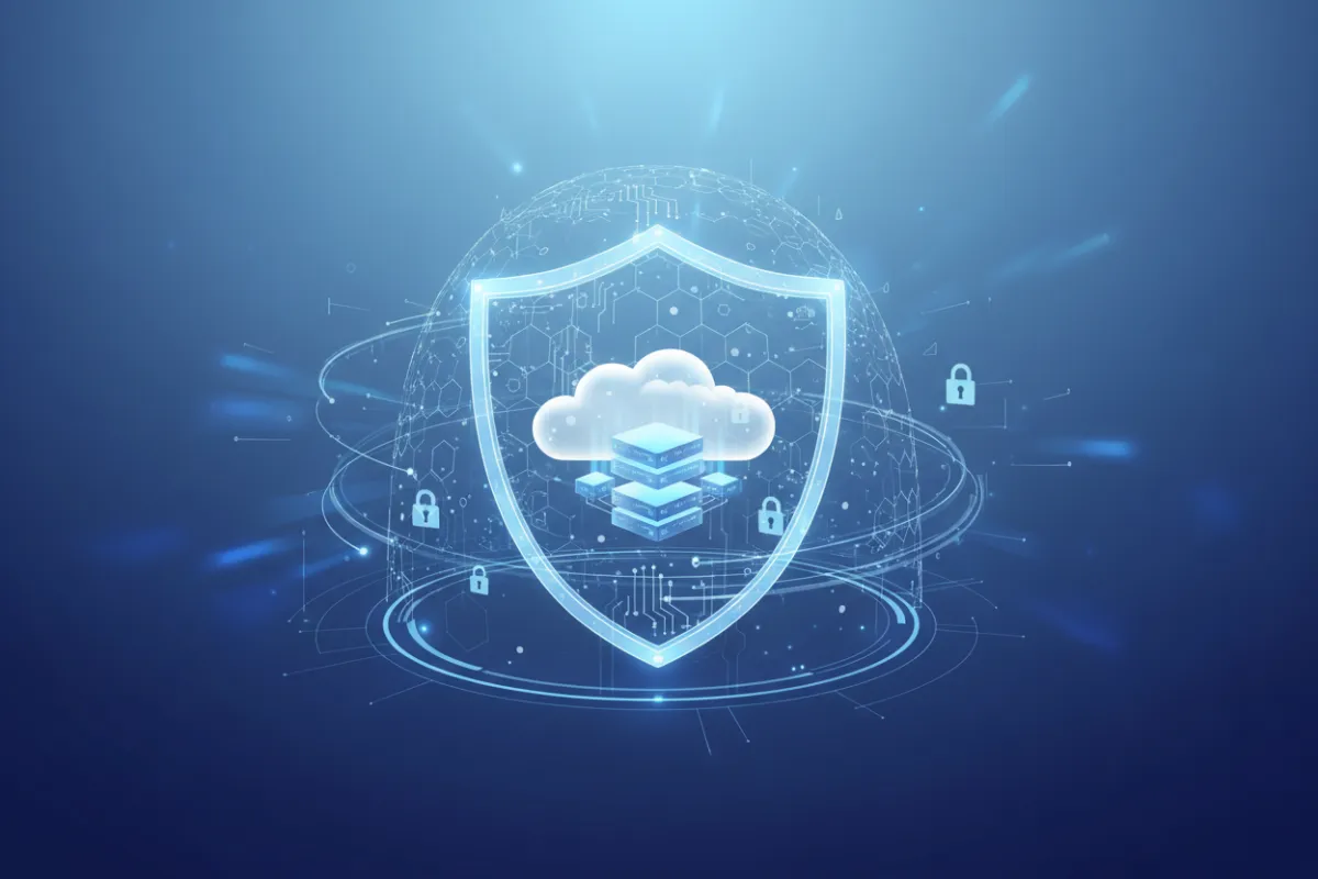 A futuristic illustration featuring a glowing digital shield enveloping a cloud server, with dynamic security lines and padlock motifs. The background is a gradient of blue tones, symbolizing advanced, always-on protection for SaaS user data.