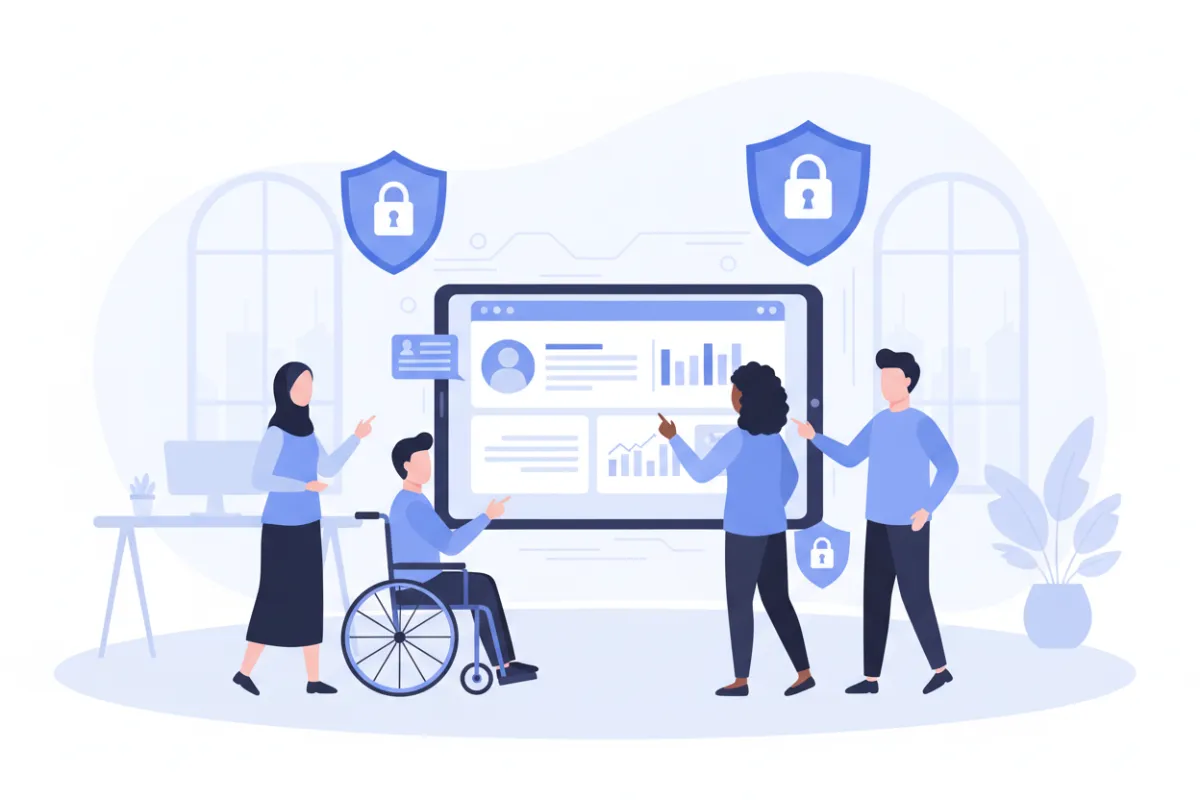 A modern flat illustration showing a diverse group of SaaS users interacting with a secure dashboard interface, with abstract shield and lock icons in the background, set in a bright, minimal office environment. The composition emphasizes trust and digital privacy, using cool blue tones and clean lines.