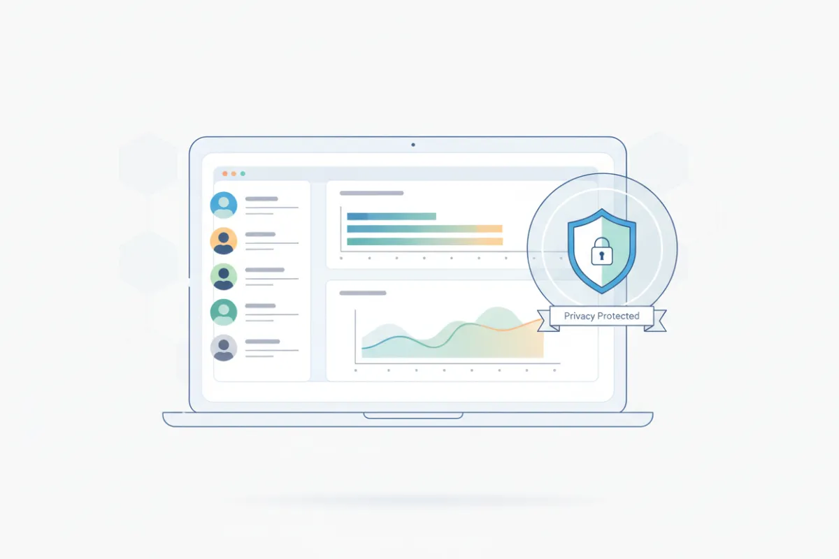 Illustration of a secure SaaS dashboard with data points and user profiles, emphasizing privacy and transparency.