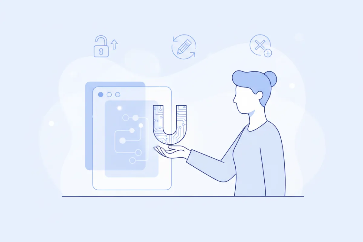 A minimalist illustration of a user holding a digital key, standing beside a transparent data vault interface. The background features subtle icons representing data access, editing, and deletion, symbolizing user empowerment and control over personal information.