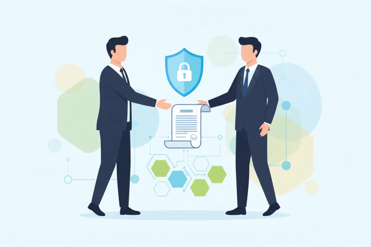 A clean vector illustration showing a secure data handoff between two business professionals, with visible contract and shield icons. The background features abstract representations of third-party integrations, emphasizing transparency and controlled data sharing.