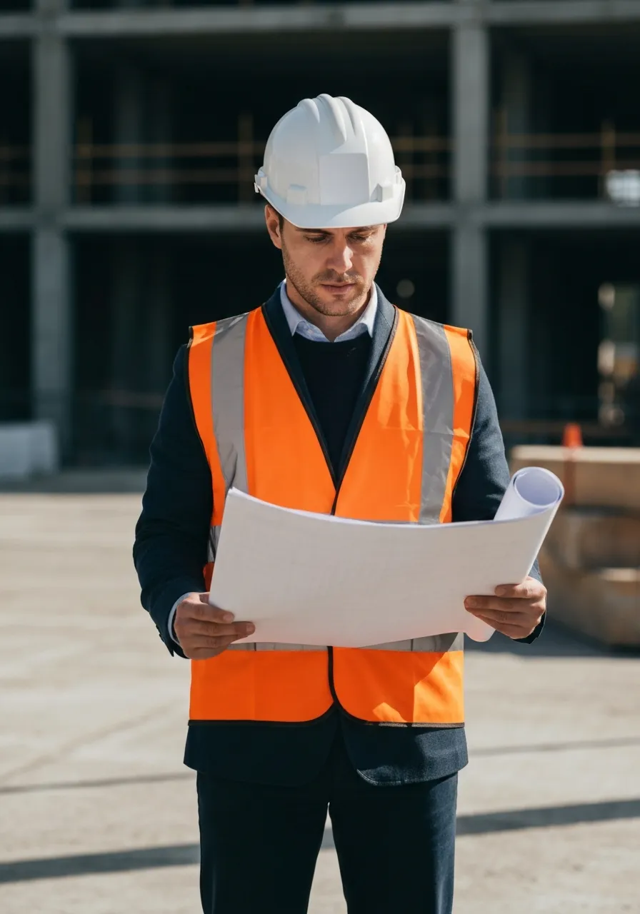 Professional safety consultant in the field wearing PPE and reviewing blueprints