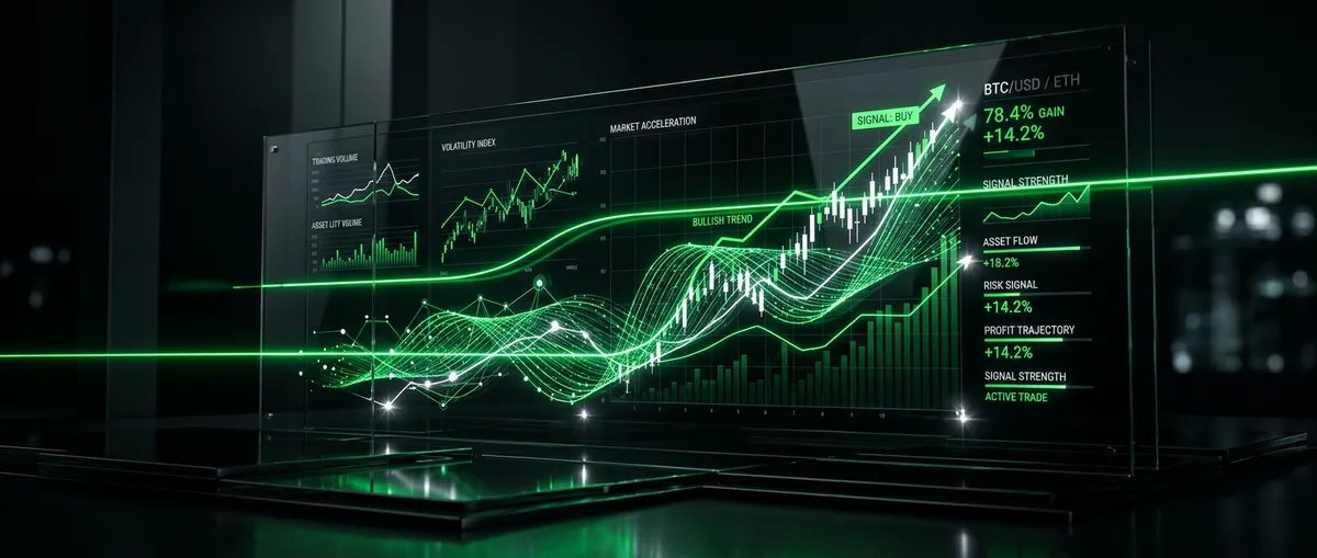 Panel de señales de trading con métricas técnicas y alertas operativas