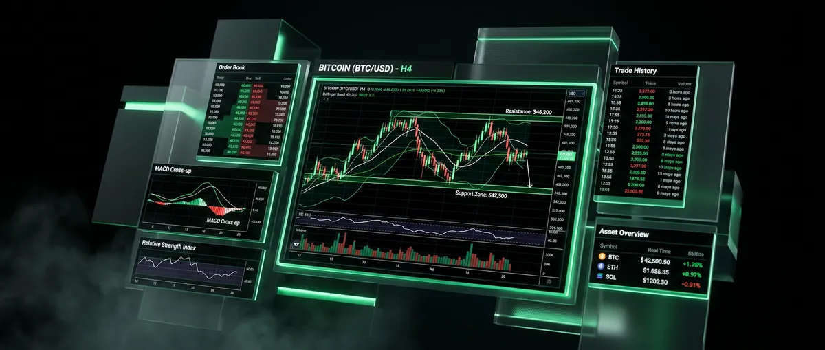 Visualización educativa de análisis técnico y gráficos de trading
