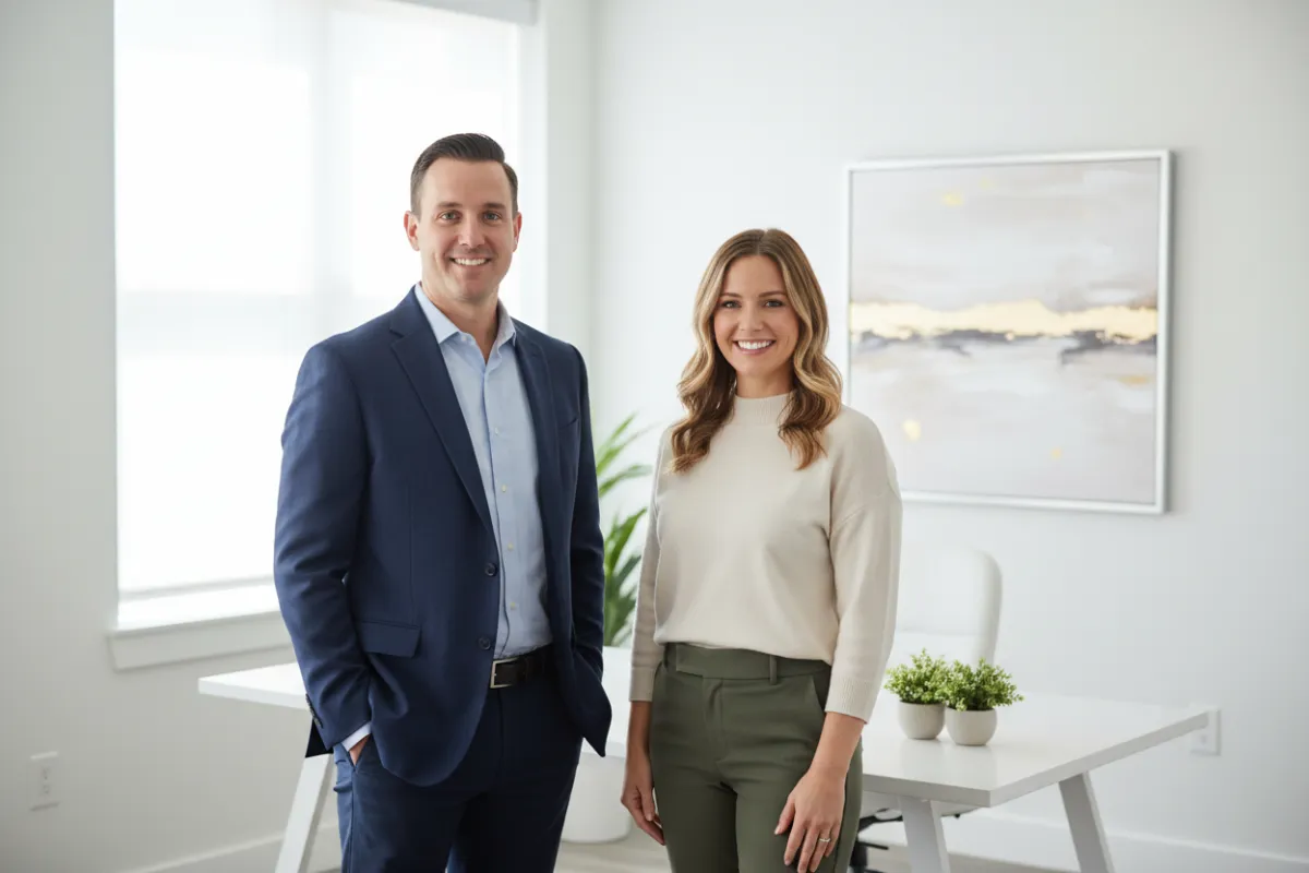 Two professional coaches, one male and one female, standing side by side in a bright, modern office. Both are smiling warmly, dressed in smart-casual attire, and exude approachability and expertise.