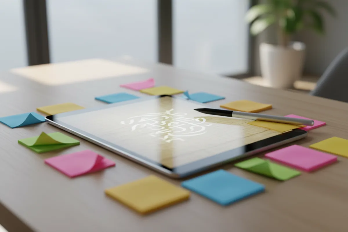 A close-up of an open eBook on a tablet, surrounded by colorful sticky notes and a pen, set on a modern desk. The background features soft natural light, evoking a productive and inviting study environment.
