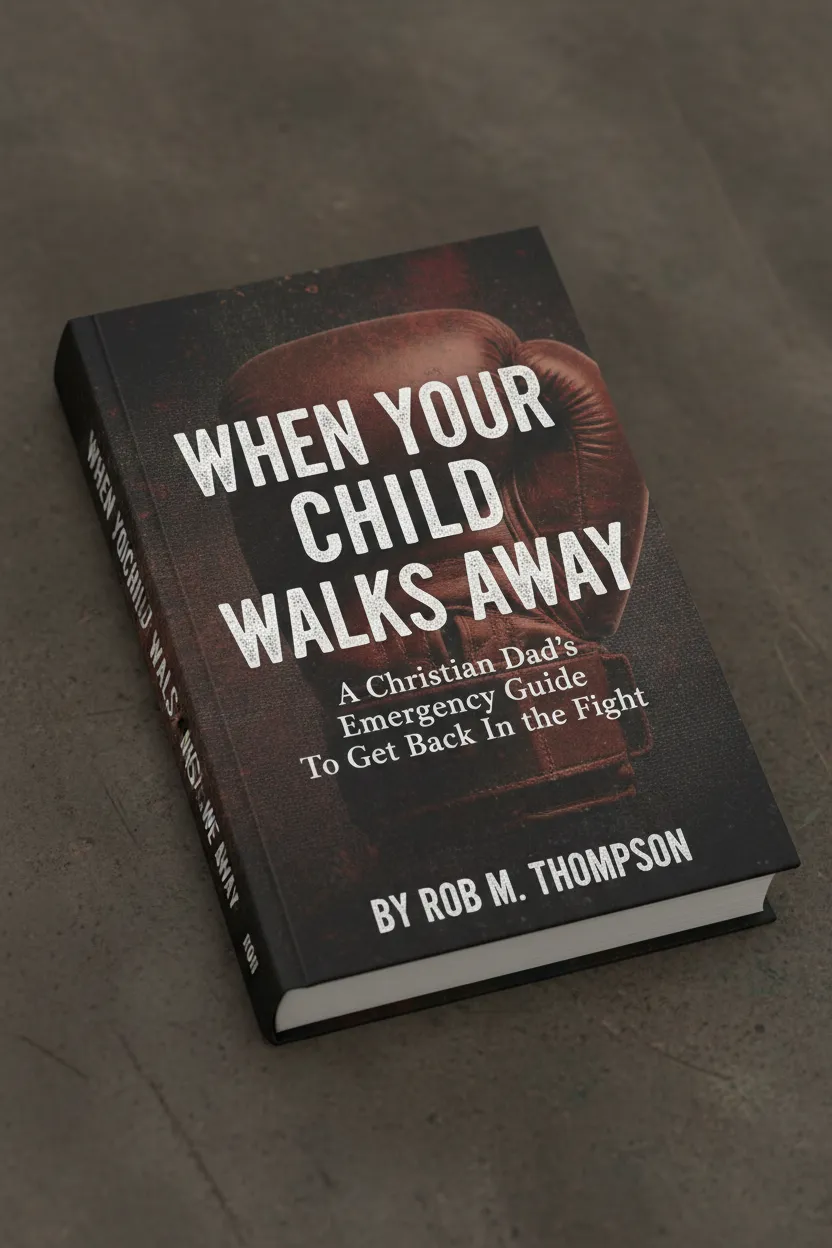 Boxing-themed lead magnet cover — Photorealistic front-facing book mockup with transparent background. Cover text: "When Your Child Walks Away: A Christian Dad's Emergency Guide To Get Back In the Fight by Rob M. Thompson". Typographic hierarchy: large bold main title, smaller subtitle, smaller author line; centered and high-contrast for legibility on dark backgrounds.