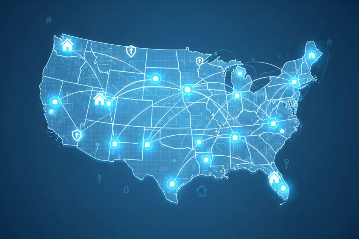 A digital map of the United States with glowing city nodes, overlaid with real estate icons, symbolizing a vast buyer network, blue and white color scheme, 3:2 aspect ratio