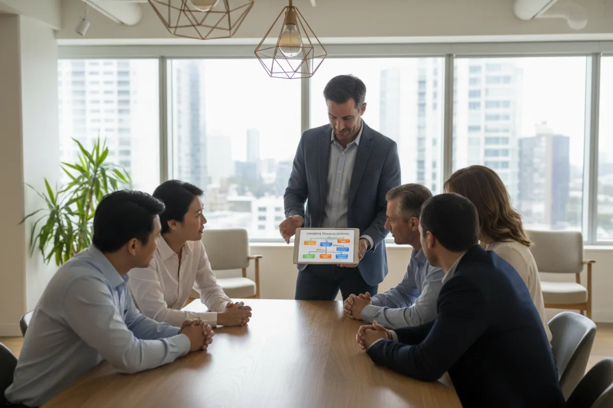 A real estate professional presenting creative finance options on a digital tablet to a small group, diverse ages and ethnicities, modern office, collaborative atmosphere, 3:2 aspect ratio