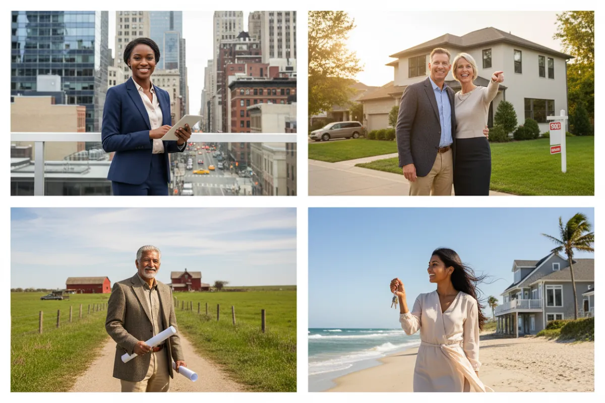 A collage of real estate buyers from different US regions, each in their local setting, diverse backgrounds, business attire, smiling, 3:2 aspect ratio