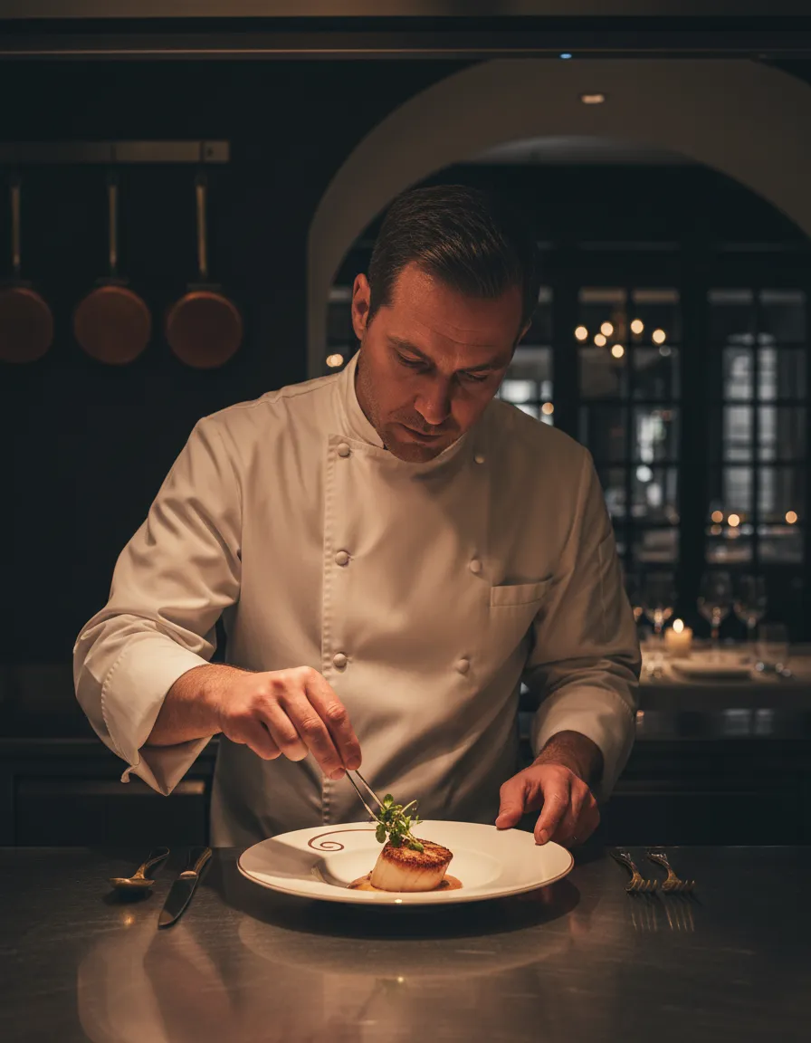 Chef working in a dimly lit elegant kitchen
