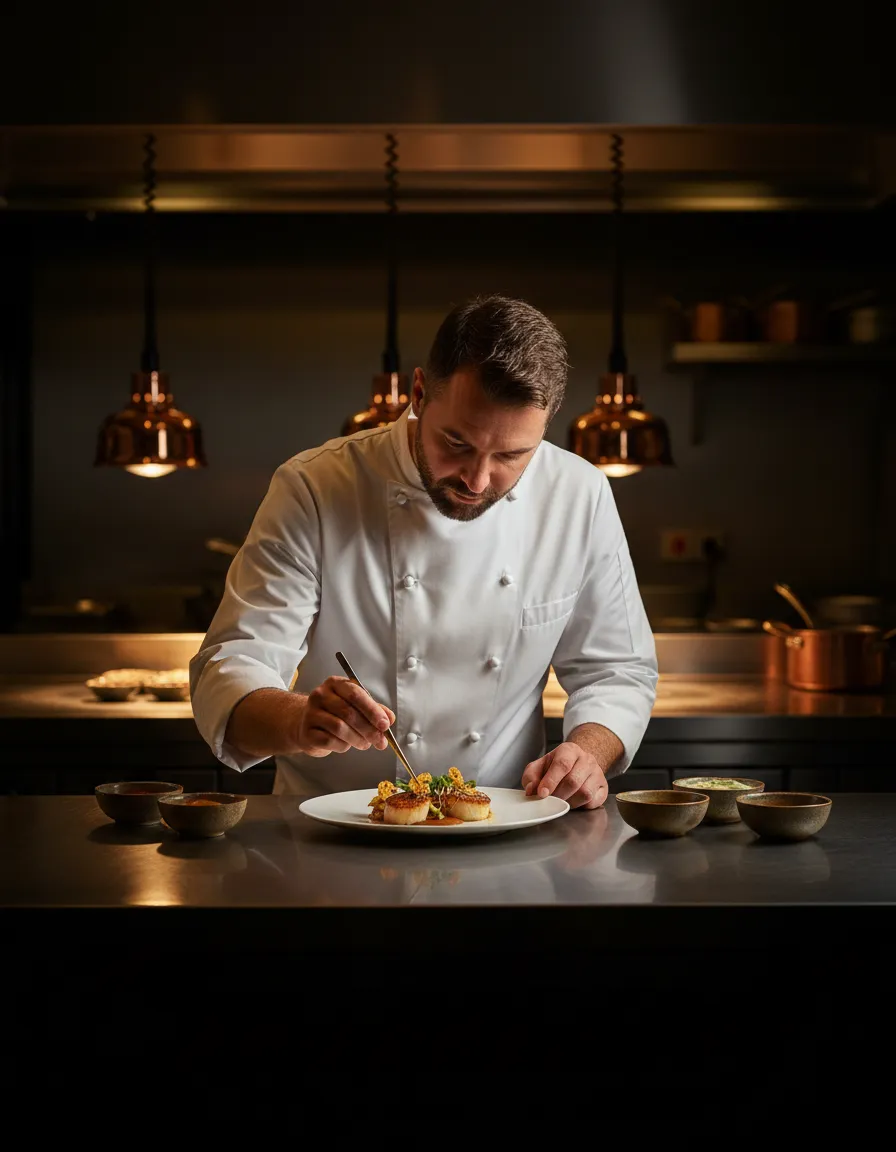 Executive chef preparing an exquisite dish in the kitchen