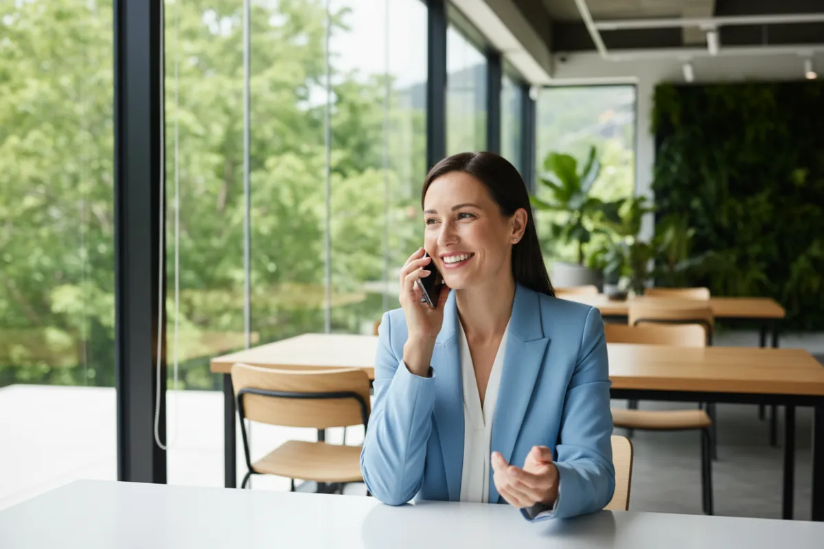 Business owner smiling while speaking on a phone, modern office background, vibrant lighting, 3:2 aspect ratio