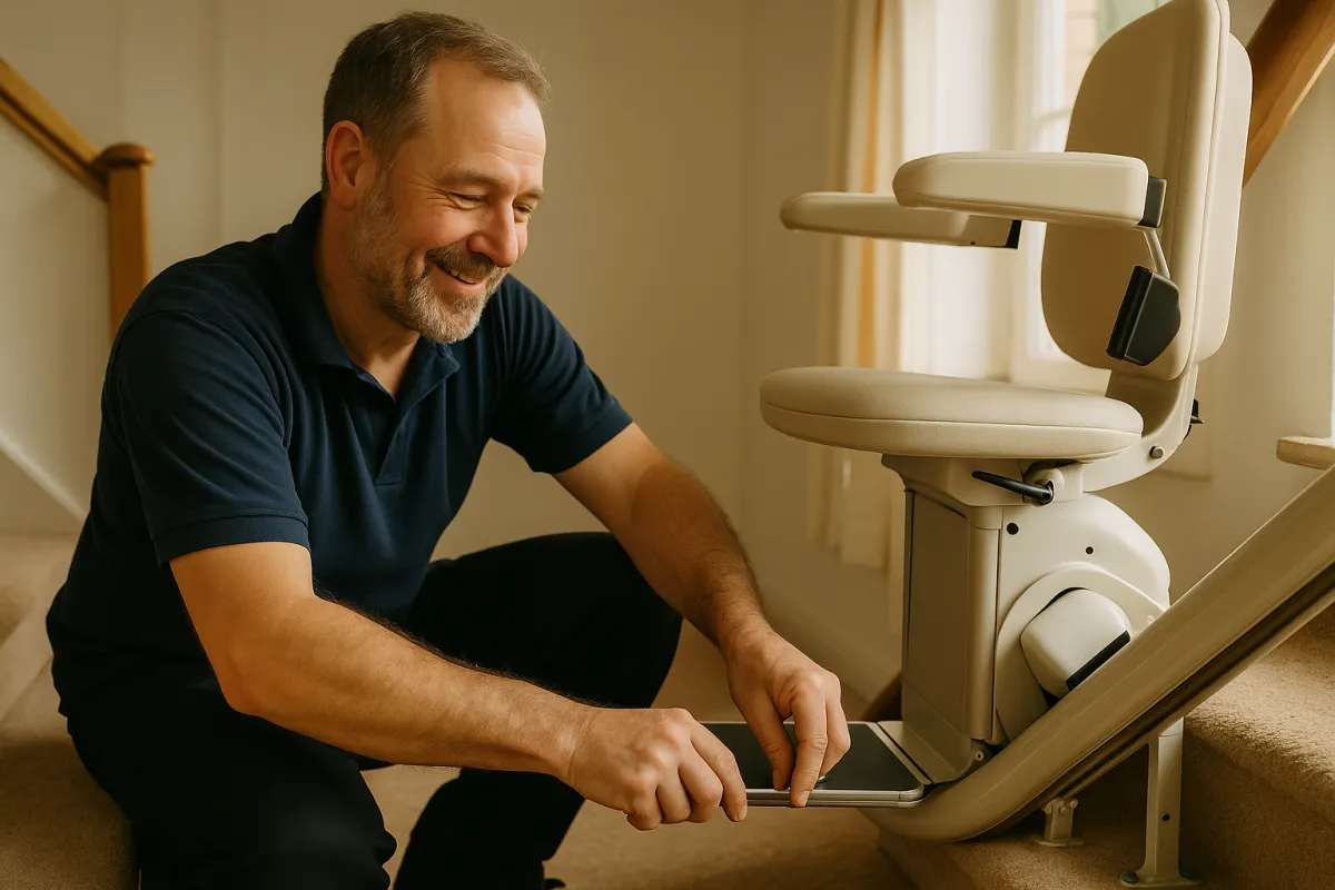 Experienced installer adjusting a stairlift rail in a family home, smiling and working carefully.
