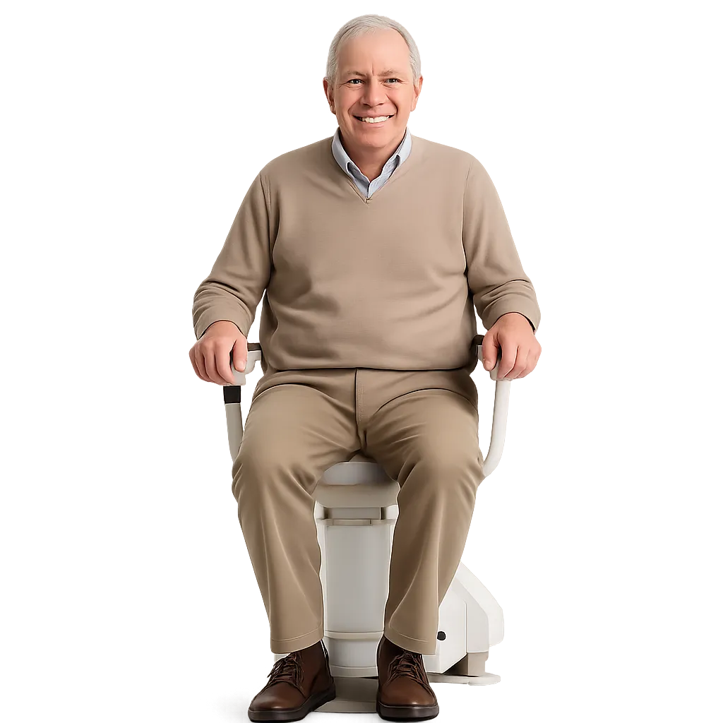 Smiling elderly man seated on a modern stairlift chair