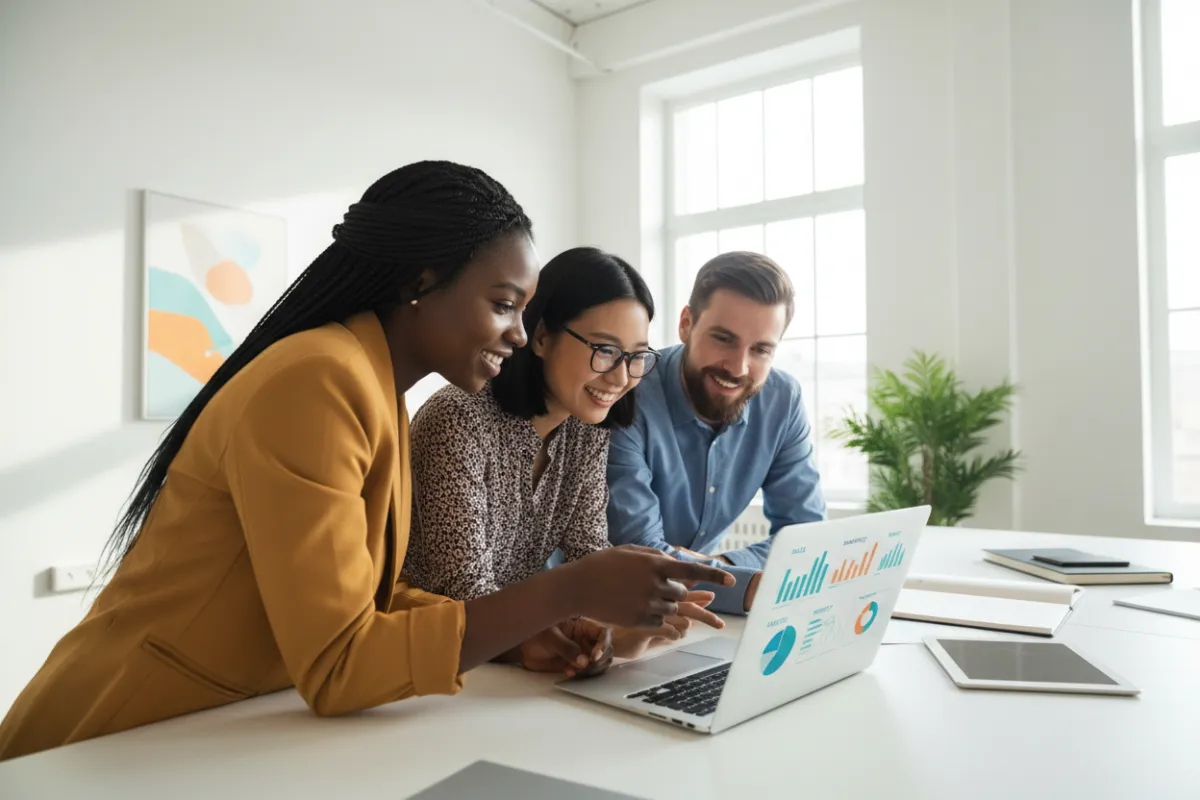 Team collaborating around a laptop, diverse group, digital dashboard visible, 3:2 aspect ratio